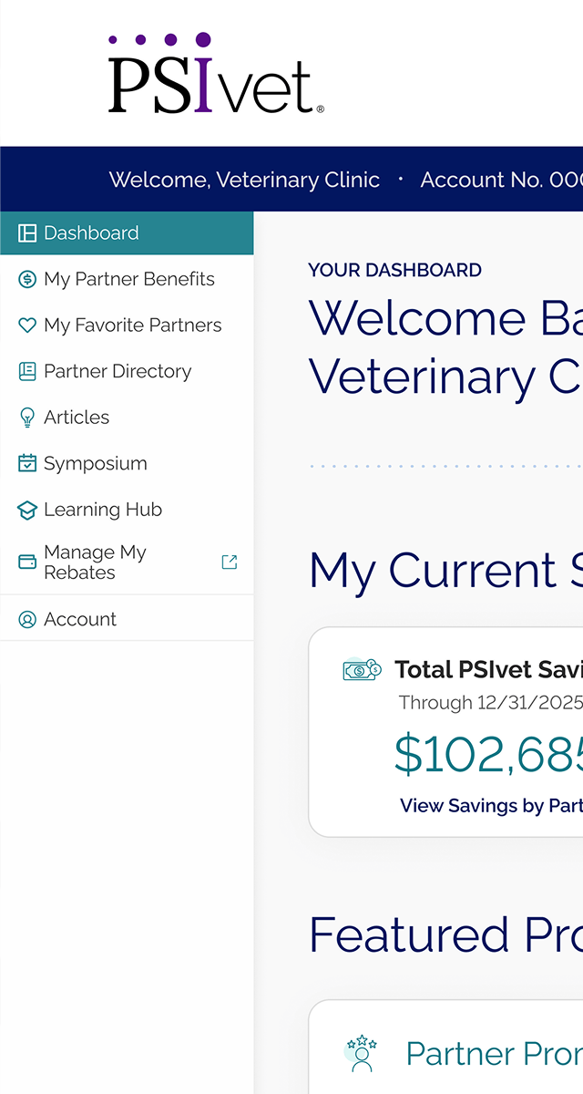 Screenshot of the PSIvet member portal dashboard highlighting the navigation menu