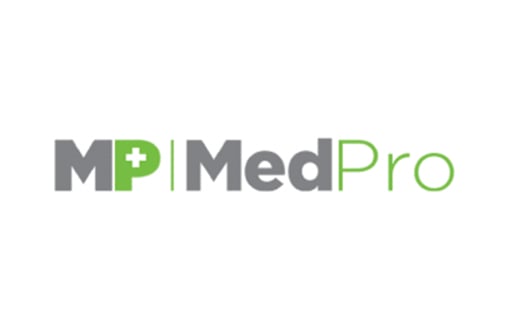 MedPro logo, the letters "MP" in gray and green with a plus sign icon within the negative space of the "p"; a thin line separates "MP" from "MedPro".