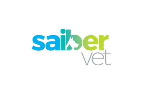 Green to blue gradient "Saiber Vet" logo with a silhouette of a dog's head in negative space of the "b".