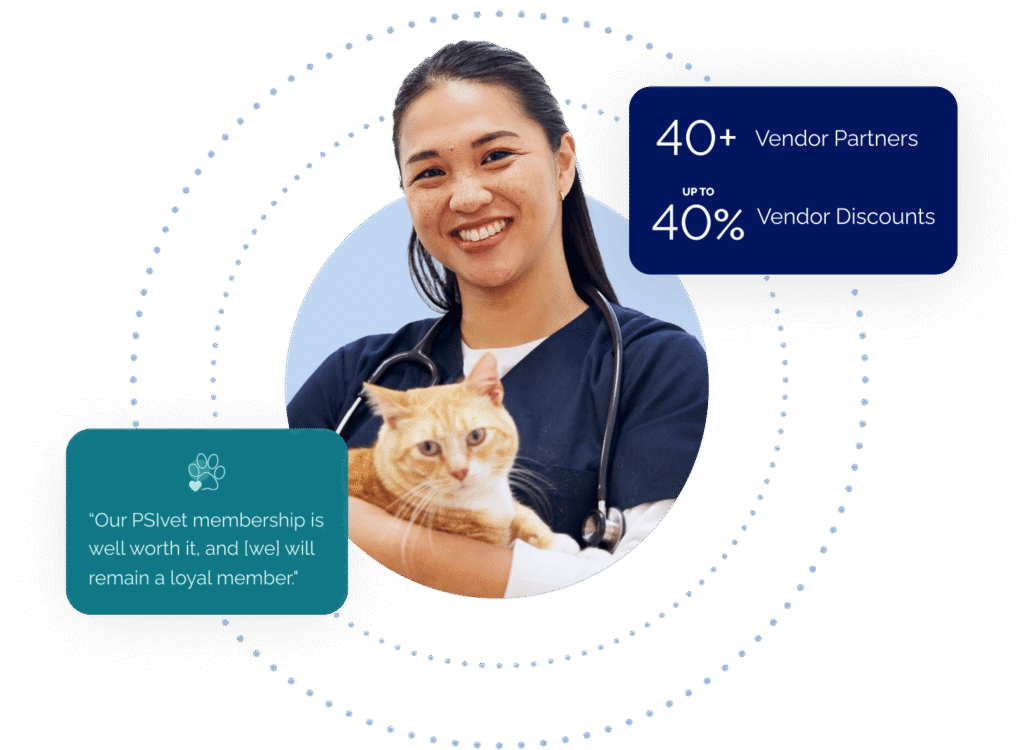 Veterinarian holding cat with text: 40+ Vendor Partners. Up to 40% Vendor Discounts. "Our PSIvet membership is well worth it, and [we] will remain a loyal member."